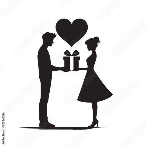 Couple exchanging a gift silhouette
