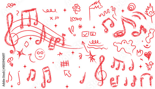 treble clef musical doodles elements  hand-drawn musical notes and symbols vector illustration. 