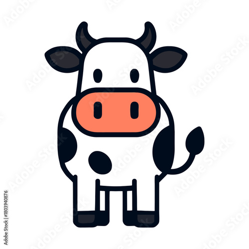 Cute cartoon cow with spots and orange muzzle on white background.