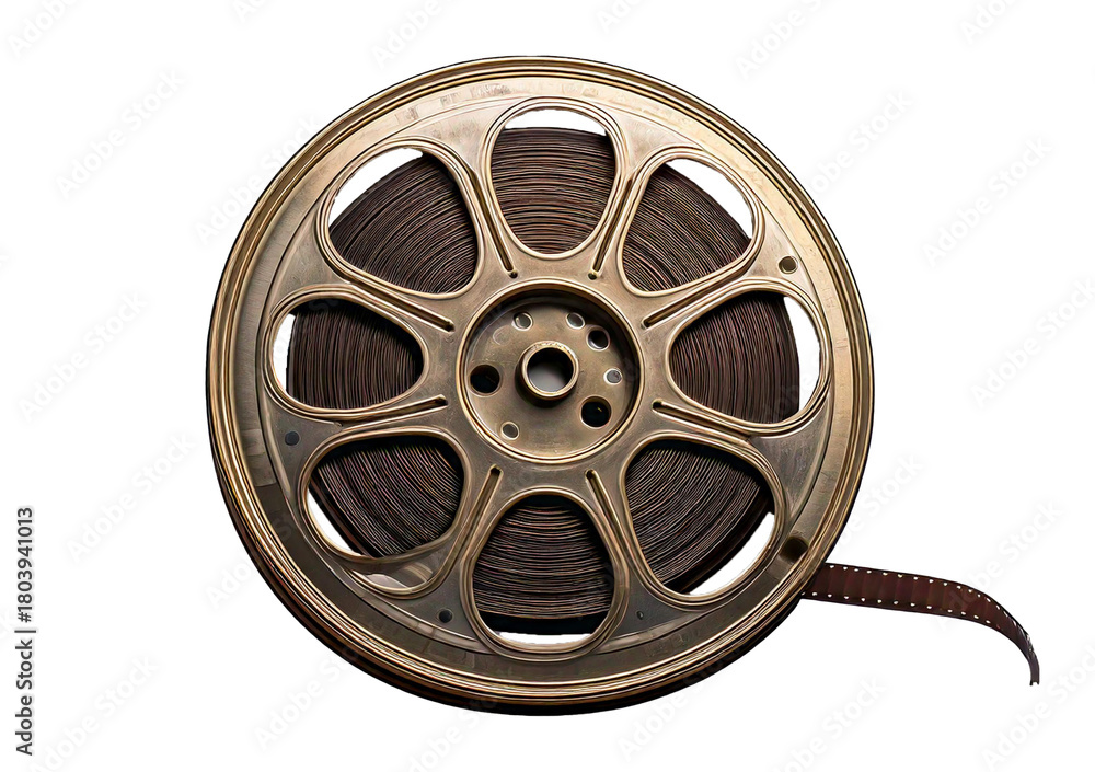 Obraz premium Vintage film reel with film strip, showcasing cinematic history and nostalgia isolated on a transparent or white background.