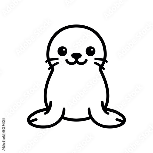 Cute cartoon seal with big eyes and whiskers on white background.