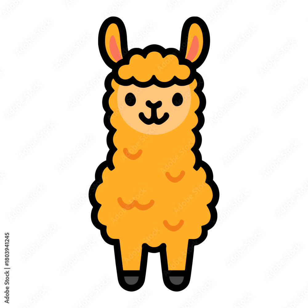 Obraz premium Cute cartoon llama with fluffy orange wool and smiling face.