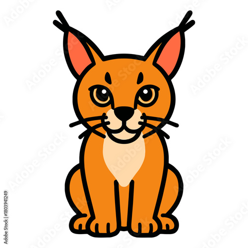 Cartoon orange lynx with black ear tufts sitting calmly.