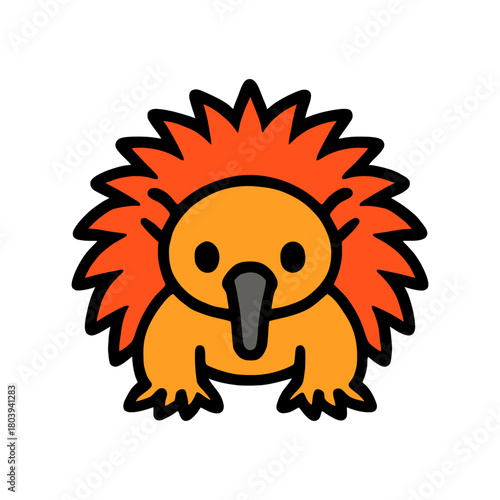 Cartoon echidna with orange spikes on white background.