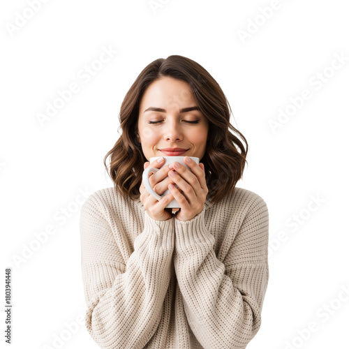 Wallpaper Mural Woman Holding Mug with Eyes Closed – Cozy, Peaceful Moment of Warmth and Quiet Comfort

 Torontodigital.ca