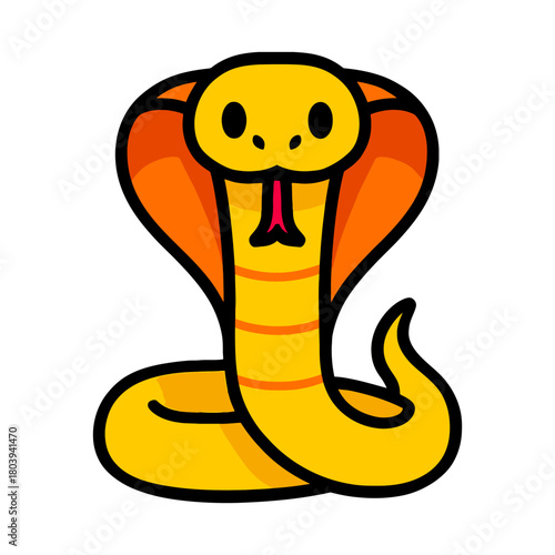Cartoon cobra snake with hood and forked tongue illustration.