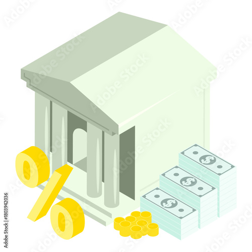 Isometric bank borrowing money for business development at interest. Isolated cartoon vector on white background top view