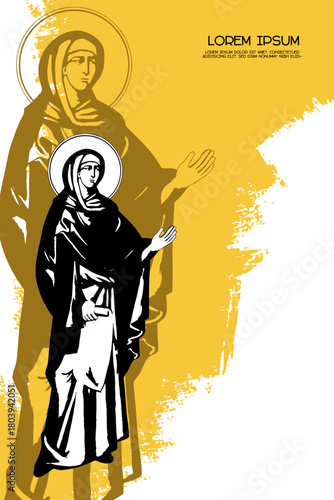 Religious vintage poster template with Anna the Prophetess. Christian illustration in Byzantine style