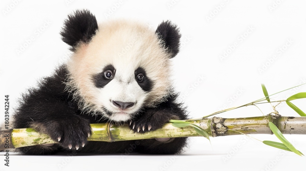 Naklejka premium Adorable Panda Cub Collection: Cute Panda Cubs with Bamboo, Playful Poses, and Pure White Backgrounds for Wildlife, Nature, and Conservation Inspiration