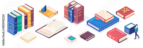 Isometric vector illustration of various books including open books, notebooks, e-reader tablets, and a person carrying a large book isolated on white background in flat minimalist style