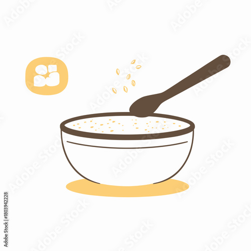 Minimalist vector illustration of white bowl with creamy porridge and brown spoon with scattered grains on white background in flat style