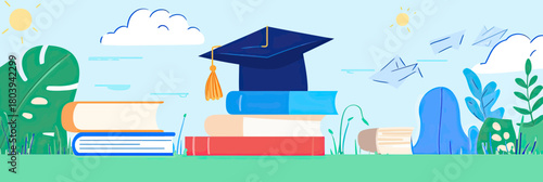 Stack of colorful books with graduation cap on top outdoors under clear sky with flying paper planes and green plants education learning knowledge concept vector banner