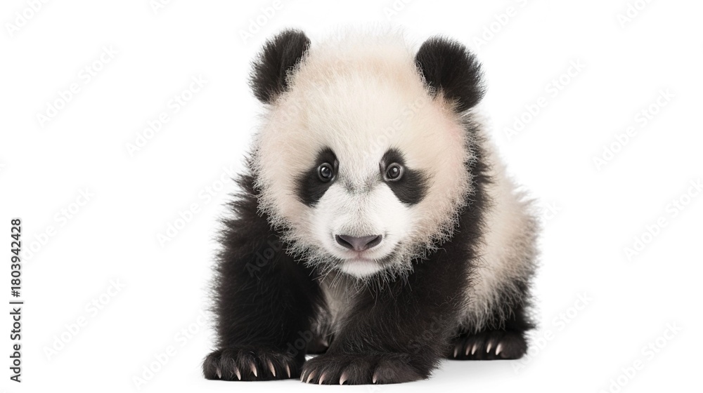 Naklejka premium Adorable Panda Cub Collection: Cute Panda Cubs with Bamboo, Playful Poses, and Pure White Backgrounds for Wildlife, Nature, and Conservation Inspiration