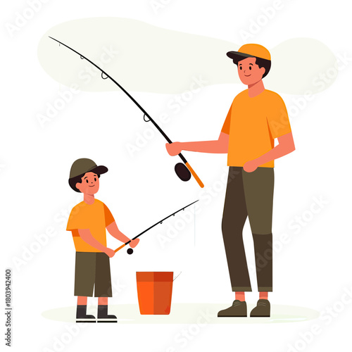 Father and son fishing together outdoors with fishing rods and bucket in flat minimalist vector style family leisure activity illustration