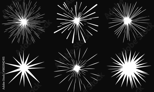 Set of six black and white flat minimalist starburst shapes with varying radiant beams and symmetrical geometric patterns on dark background for design elements and decoration
