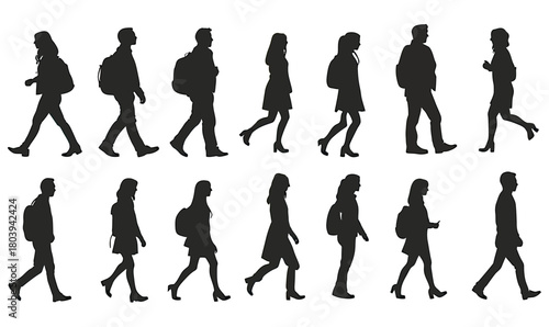 Silhouette of diverse walking people in various postures flat minimalist vector black editable illustration of men and women side view with backpacks and casual clothes