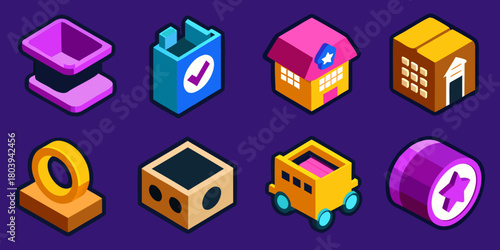 A colorful and simple isometric icon set featuring detailed vector illustrations for e-commerce, business, and logistics