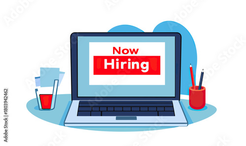 Laptop computer screen displaying now hiring sign with stationery on desk in minimalist flat vector style digital job recruitment concept illustration