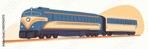 Retro streamlined passenger train locomotive and car in flat minimalist vector style with blue and orange color scheme illustration for transport and travel concepts