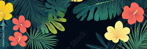 Tropical palm leaves and colorful hibiscus flowers seamless border pattern on dark background with space for text vector illustration design