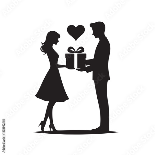 Couple exchanging a gift silhouette