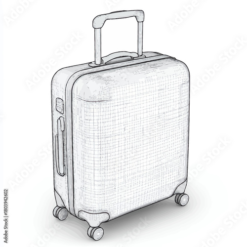 3D wireframe digital mesh suitcase with telescopic handle and four wheels isolated on white background for travel and luggage concept design vector illustration