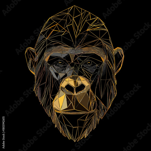 Geometric polygonal gorilla head illustration in gold lines on black background with modern low poly style and abstract animal portrait design