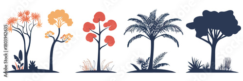 Set of minimalist flat vector tropical tree silhouettes with palm and flowering species for landscape design outline graphic elements illustration