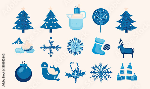 Set of blue minimalist Christmas and winter holiday icons including trees, snowflakes, stocking, candle, reindeer, ornament, candy canes, and church silhouettes on light background vector illustration