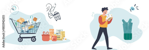 Worried man reading bill next to grocery cart with rising prices concept illustration flat minimalist vector