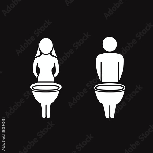 Minimalist male female restroom pictogram sign with humorous toilet bowl design on dark background vector illustration