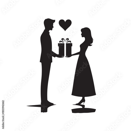 Couple exchanging a gift silhouette