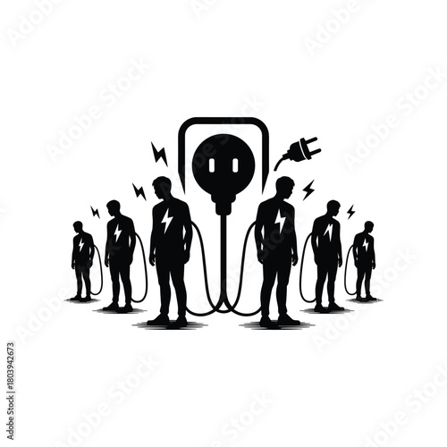 Silhouettes of people connected to a power plug symbolizing energy drain, burnout, dependence, modern stress, and human connection to technology concept illustration