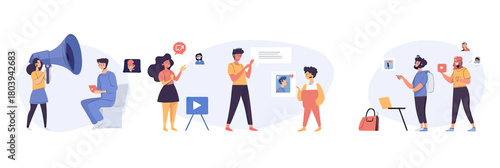 Flat minimalist vector illustration of people engaging in social media marketing, influencer promotion with megaphone, content sharing, and digital communication concepts