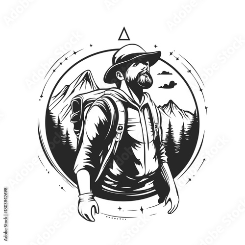 Adventurer with backpack and hat hiking in mountainous forest landscape hand drawn vintage line art black and white vector illustration