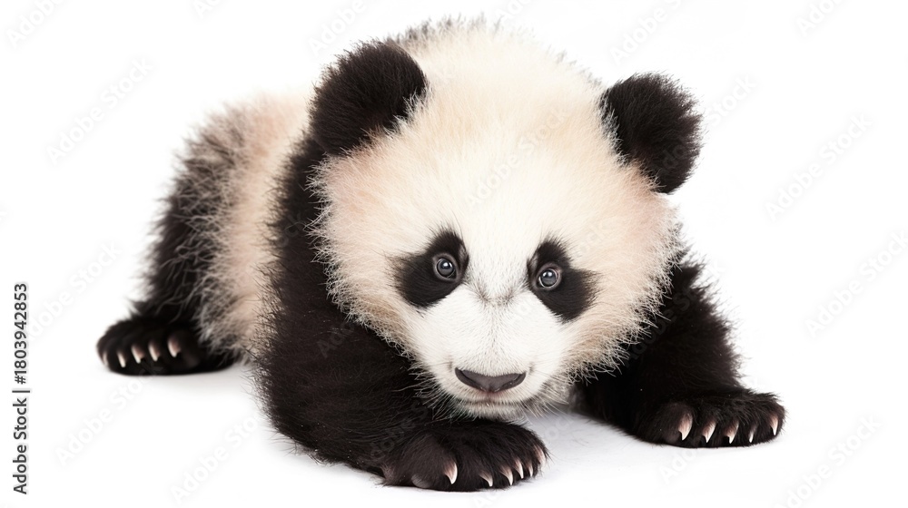 Fototapeta premium Adorable Panda Cub Collection: Cute Panda Cubs with Bamboo, Playful Poses, and Pure White Backgrounds for Wildlife, Nature, and Conservation Inspiration