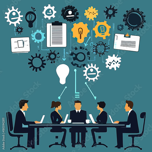 Business meeting team brainstorming innovative ideas with laptop computers, strategic planning and project development concept with gears, light bulb and documents in flat vector style