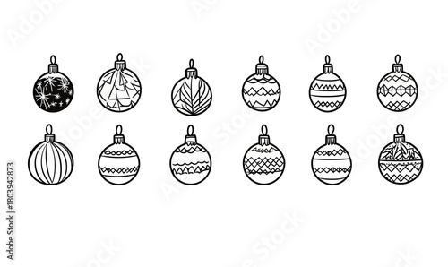 Set of twelve black and white outline Christmas ornament illustrations with various geometric and nature-inspired patterns for holiday decoration design templates