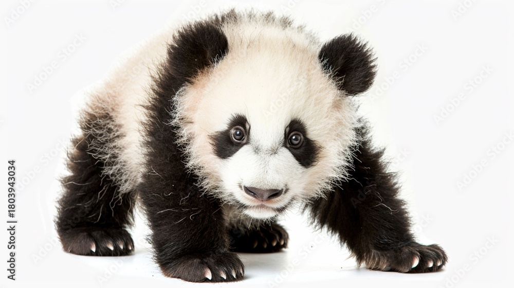 Naklejka premium Adorable Panda Cub Collection: Cute Panda Cubs with Bamboo, Playful Poses, and Pure White Backgrounds for Wildlife, Nature, and Conservation Inspiration