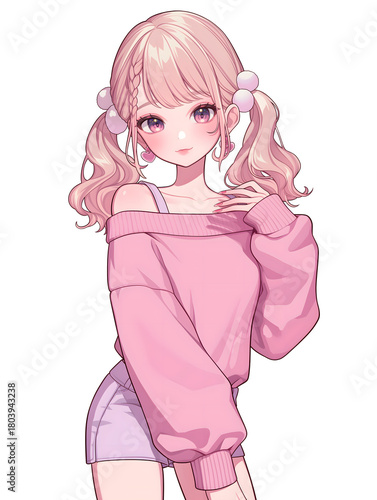 ピンク色の服を着たかわいい女の子のポートレートイラスト