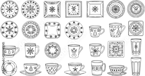Festive Hand-Drawn Tableware Collection: Plates, Mugs  Glasses