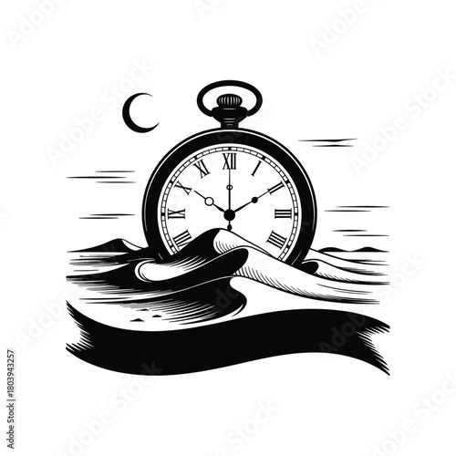 Pocket watch sinking in ocean waves under night sky symbolizing passing time, uncertainty, deadlines, life flow, and the concept of time slipping away illustration