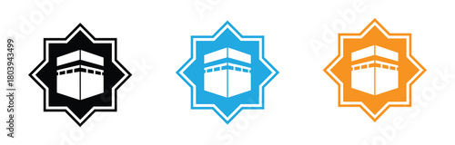 Islamic symbols and icons with colored Kaaba inside an octagonal star as an Islamic pattern
