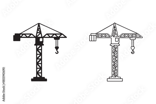 Construction building crane icon in silhouette and outline vector style
