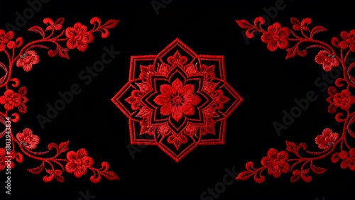 Red floral embroidery on black background