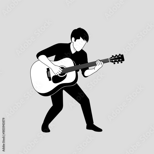 Dynamic silhouette of a guitarist playing an acoustic instrument on a gray background.