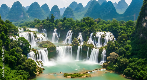 Aerial Photography of Ban Gioc Waterfall Border with China Vietnam