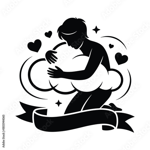 Person hugging cloud illustration symbolizing self love, comfort, emotional healing, peace, mindfulness and inner calm in modern conceptual art style.