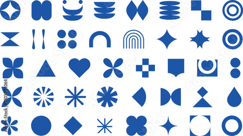 Collection of abstract geometric shapes and symbols in vibrant blue on a white background