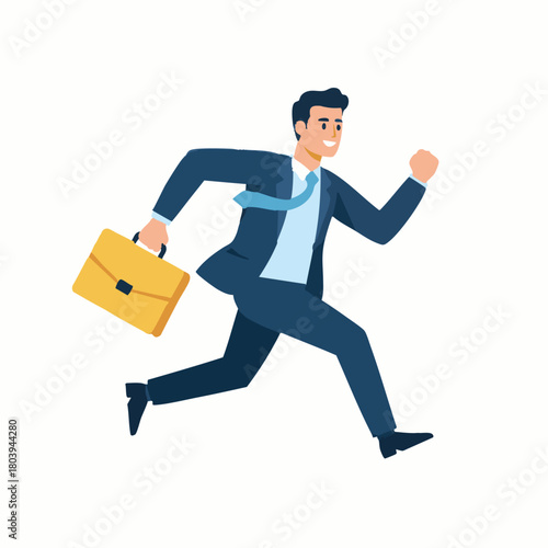 A businessman in a suit is running with a briefcase, indicating a sense of urgency in a professional setting.